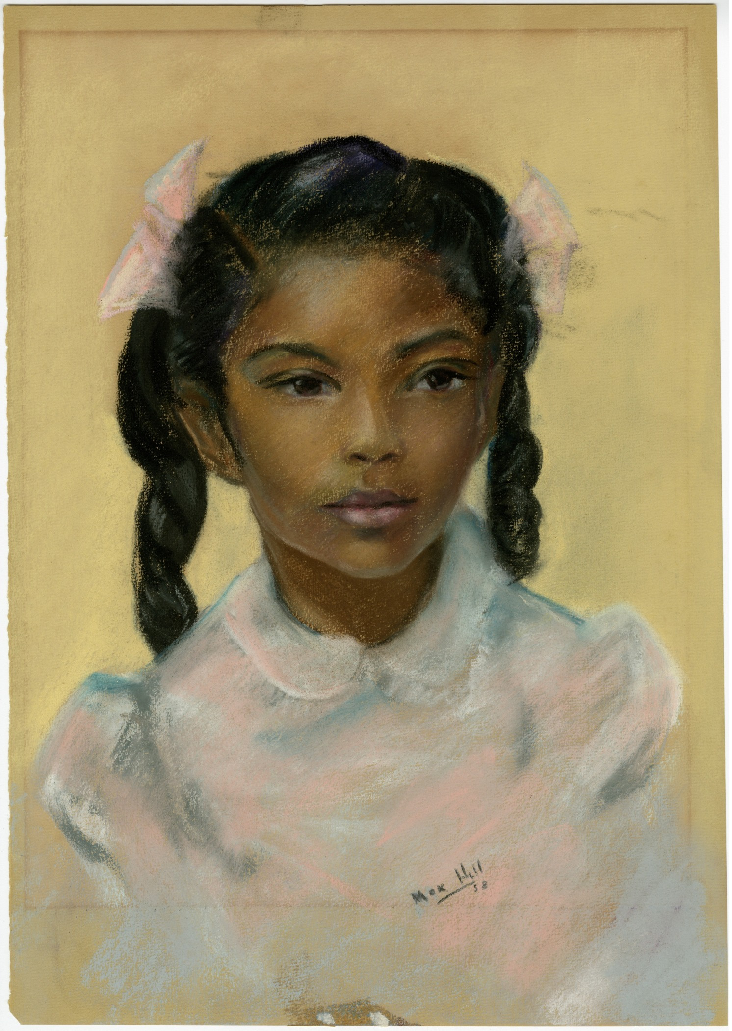 A pastel portrait of a young girl with braided hair and pink bows, wearing a white collared shirt. The background is a soft yellow color.