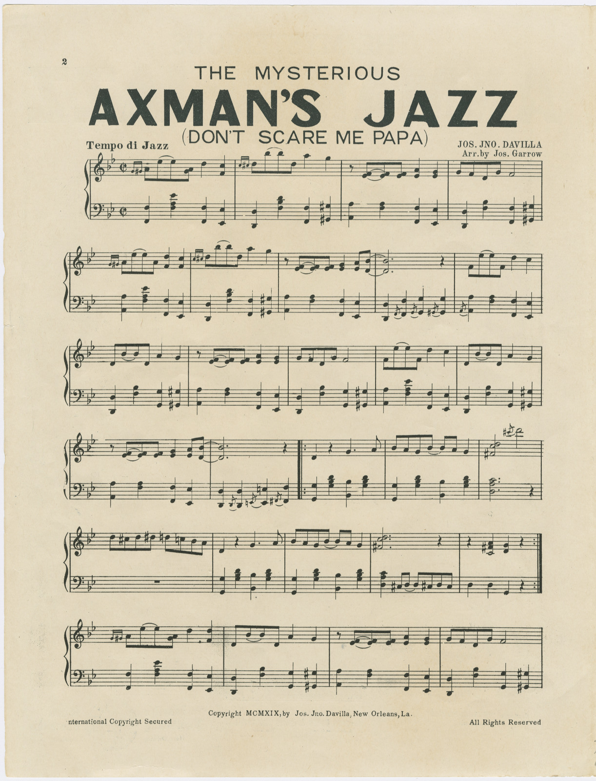 Sheet music titled The Mysterious Axmans Jazz (Dont Scare Me Papa) by Jos. No. Davilla, featuring musical notes and instructions arranged by Jon. Garrow. The page includes copyright information and is set in a vintage style.