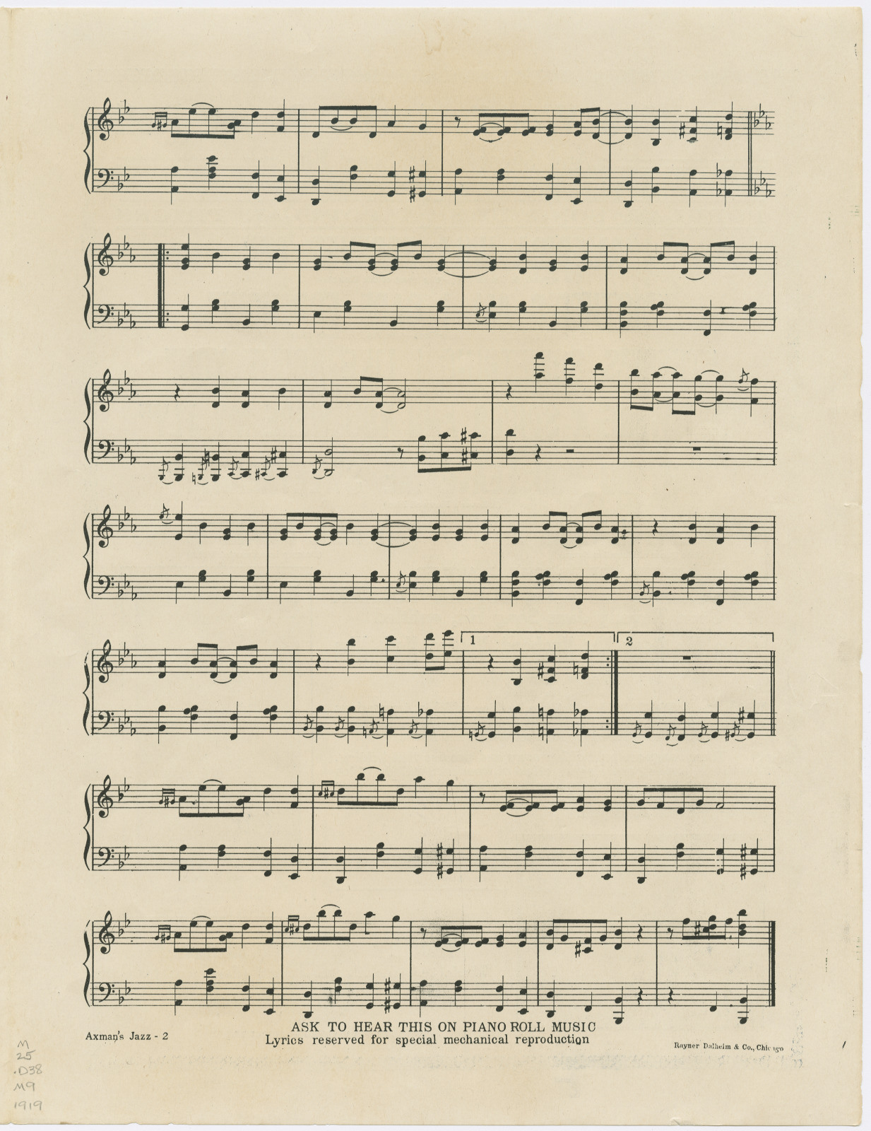 Sheet music featuring musical notes and staves. The song is in a major key, displayed on two staffs for piano. Instructions at the bottom reference availability on piano roll music. Printed by The Tolbert Rual Company.