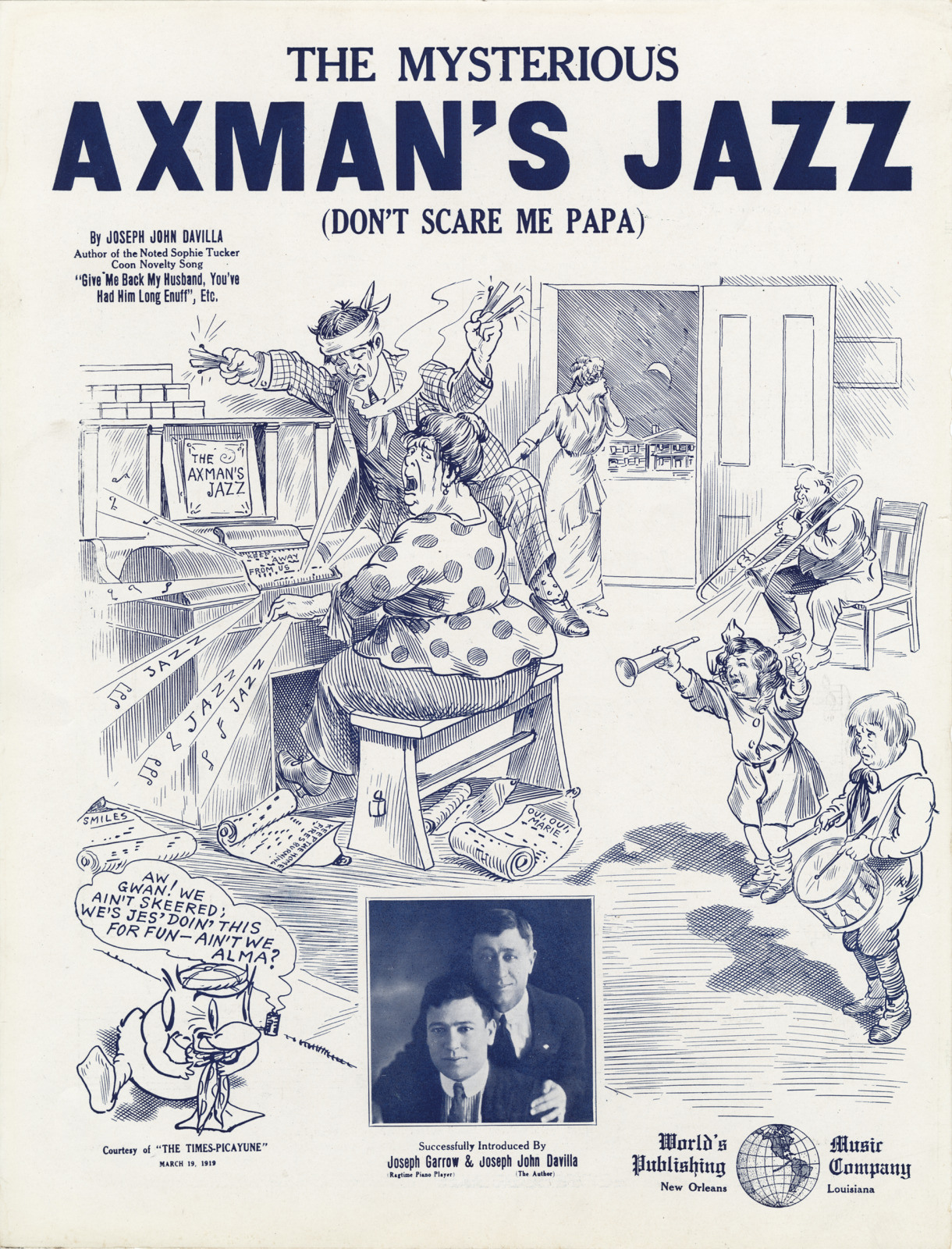 A vintage sheet music cover titled The Mysterious Axmans Jazz (Dont Scare Me Papa). It shows a chaotic scene with musicians playing and a startled woman at a piano. Two inset portraits are at the bottom.