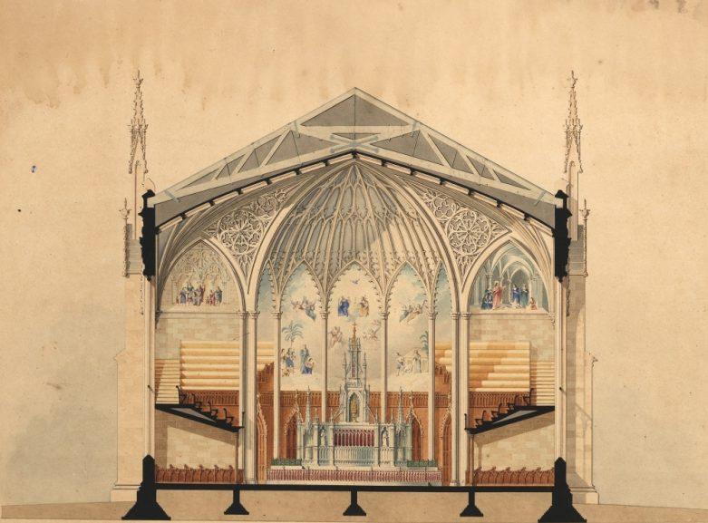 A detailed architectural drawing of a cathedrals interior, showcasing a cross-sectional view. The image highlights vaulted ceilings, ornate stained glass windows, and an altar at the center, with symmetrical seating on either side.