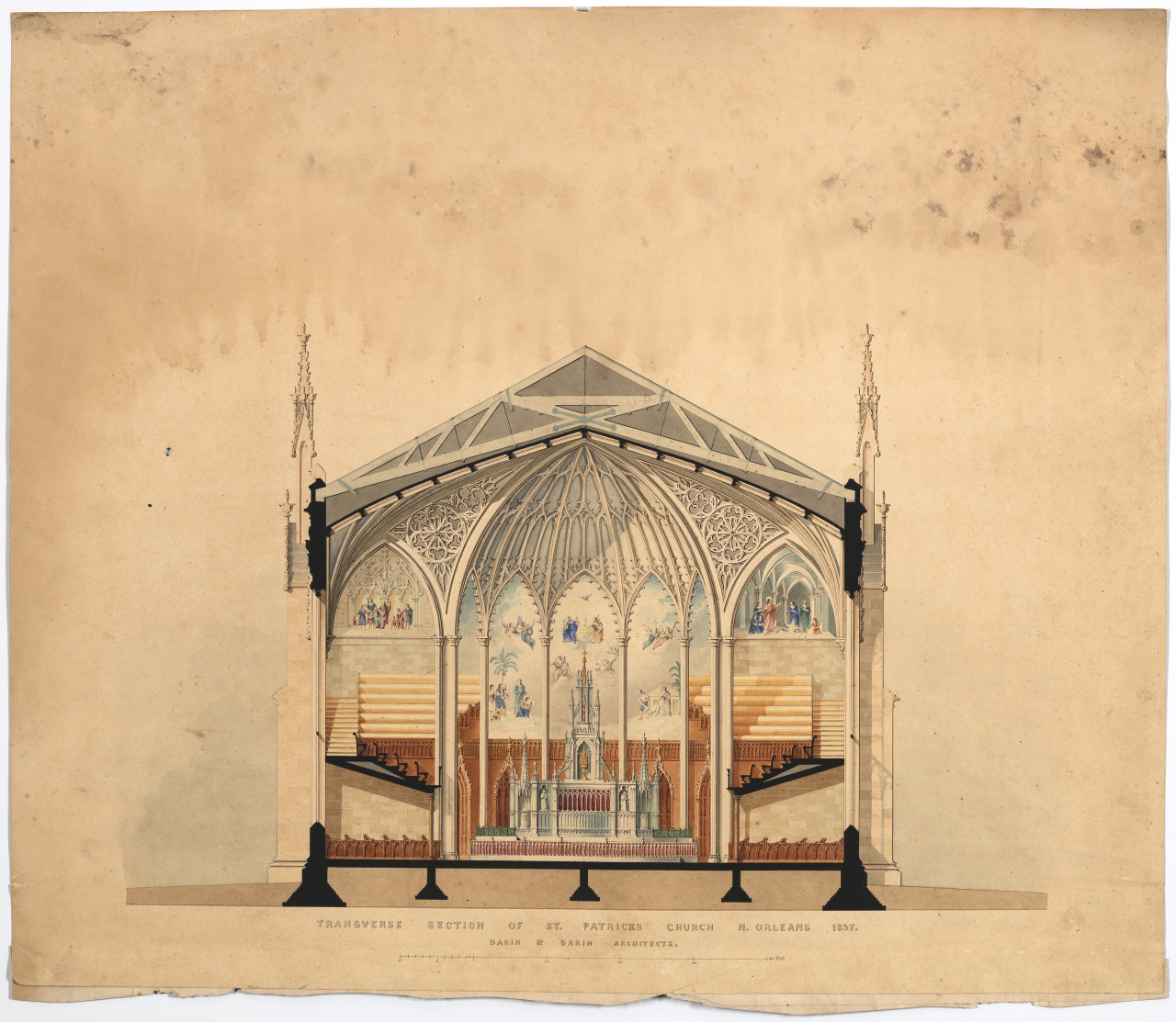 Architectural drawing of St. Patricks Church, New Orleans, showing a transverse section. The detailed illustration includes an ornate vaulted ceiling, stained glass windows, and a central altar. Dated 1833.