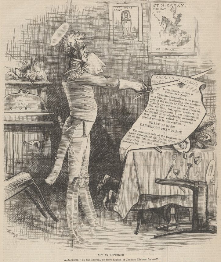 A satirical cartoon depicting a man with a raised sword in 1800s attire, pointing to a map labeled Charles X Clouds. Papers and objects are strewn about, with labels referencing politics and military themes.
