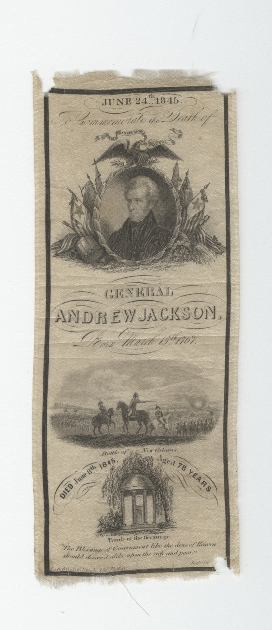 An illustration of a memorial for General Andrew Jackson dated June 24, 1845, featuring his portrait inside a wreath, surrounded by flags. Below are images of horses and a tomb labeled Hermitage, with decorative text commemorating his life.
