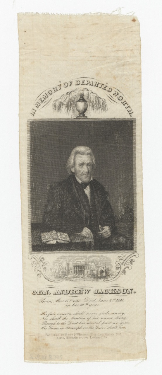 A memorial illustration of an elderly man seated at a table, titled In Memory of Departed Worth. Text below includes Gen. Andrew Jackson and details about his life and death. A decorative urn is at the top, with floral motifs surrounding the scene.