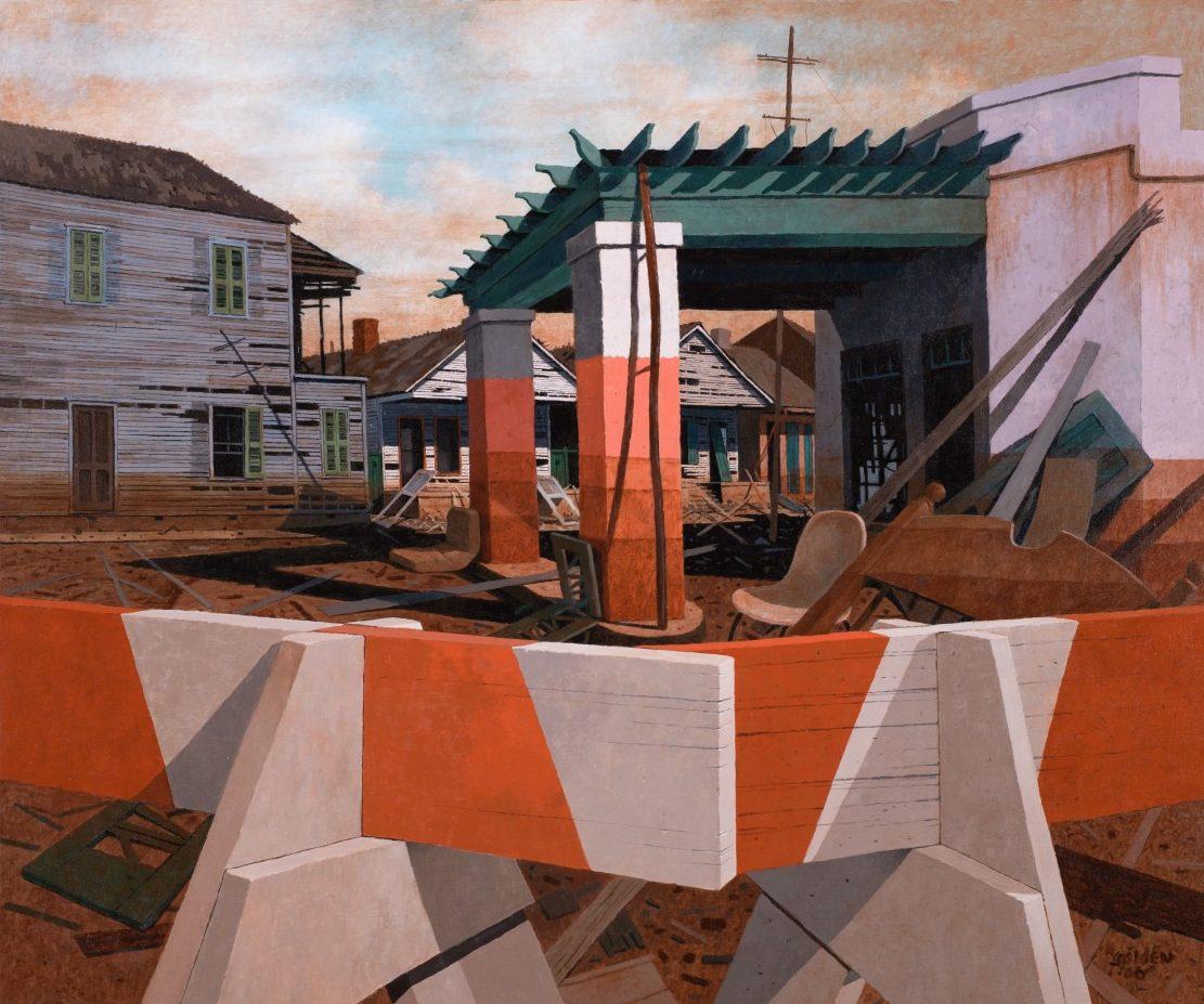 Surreal scene of a desolate construction site with disorganized wooden structures, orange and white barrier, dilapidated buildings, and a cloudy sky. Painted in a stylized, angular manner with muted colors creating a sense of abandonment.