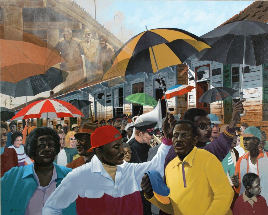 A vibrant street scene depicts a lively parade with people holding colorful umbrellas, marching past wooden buildings. Musicians play instruments, creating a festive atmosphere. A mural above shows historical figures and events, blending past and present.
