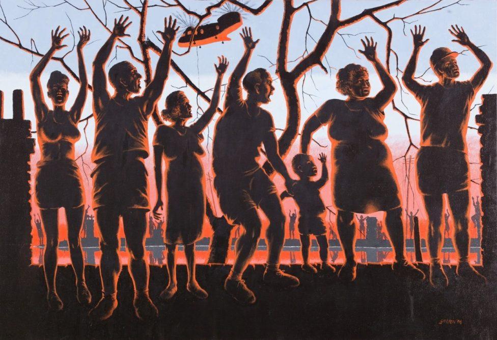 Silhouetted group of adults and a child stand with arms raised against a backdrop of bare trees and a red sky. A small drone-like object hovers above. The scene conveys a sense of urgency and anticipation.