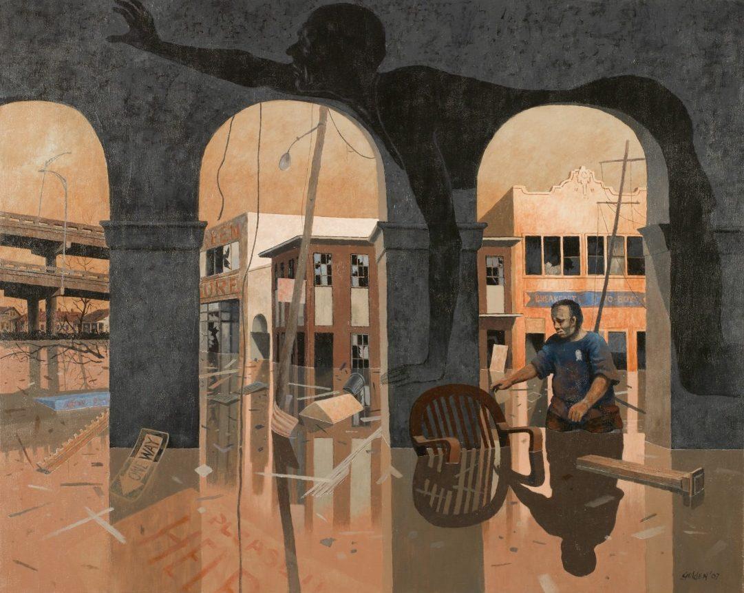 A man stands in a flooded room, surrounded by floating debris. Sunlight casts the shadow of a larger figure stretching across an archway. Outside, buildings and a highway are visible, highlighting the scenes blend of reality and surrealism.