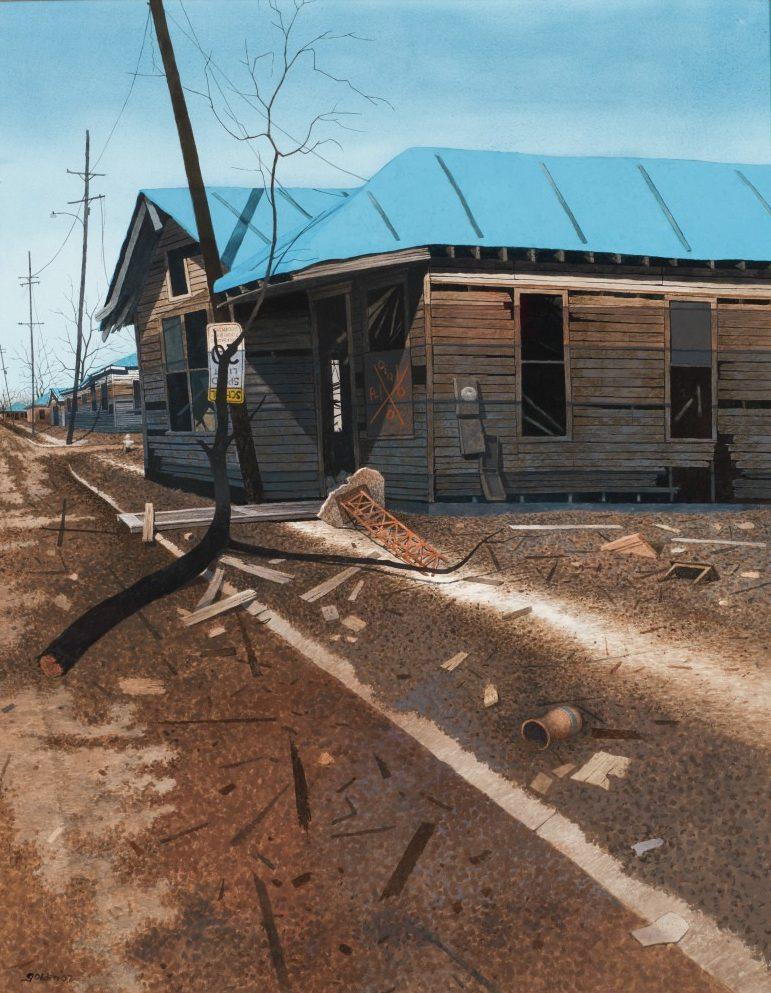 A weathered, abandoned wooden house with a blue roof is surrounded by debris. The sky is clear, and the street is deserted, featuring broken power lines and scattered objects. The scene conveys a sense of desolation and neglect.