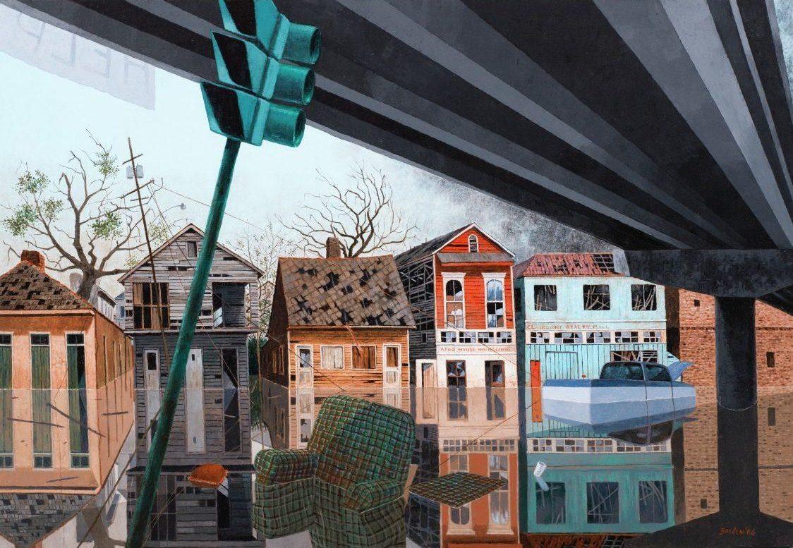 Flooded urban scene with submerged houses, a tilted traffic light, and a floating green armchair. A boat sits on the water near the colorful, weathered buildings. Gray overpass visible overhead.