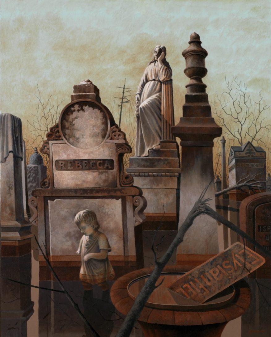 A somber graveyard scene with weathered tombstones, including one with the name Rebecca. A statue of a woman stands in the background, and a broken inscription lies on a pillar in the foreground against a muted, cloudy sky.