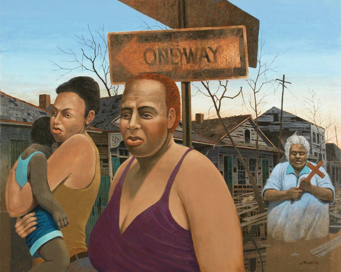 A painting depicts three women in an urban setting. One woman holds a child, another stares forward, and an older woman sits nearby, holding a cross. A One Way sign and houses with barren trees are in the background.