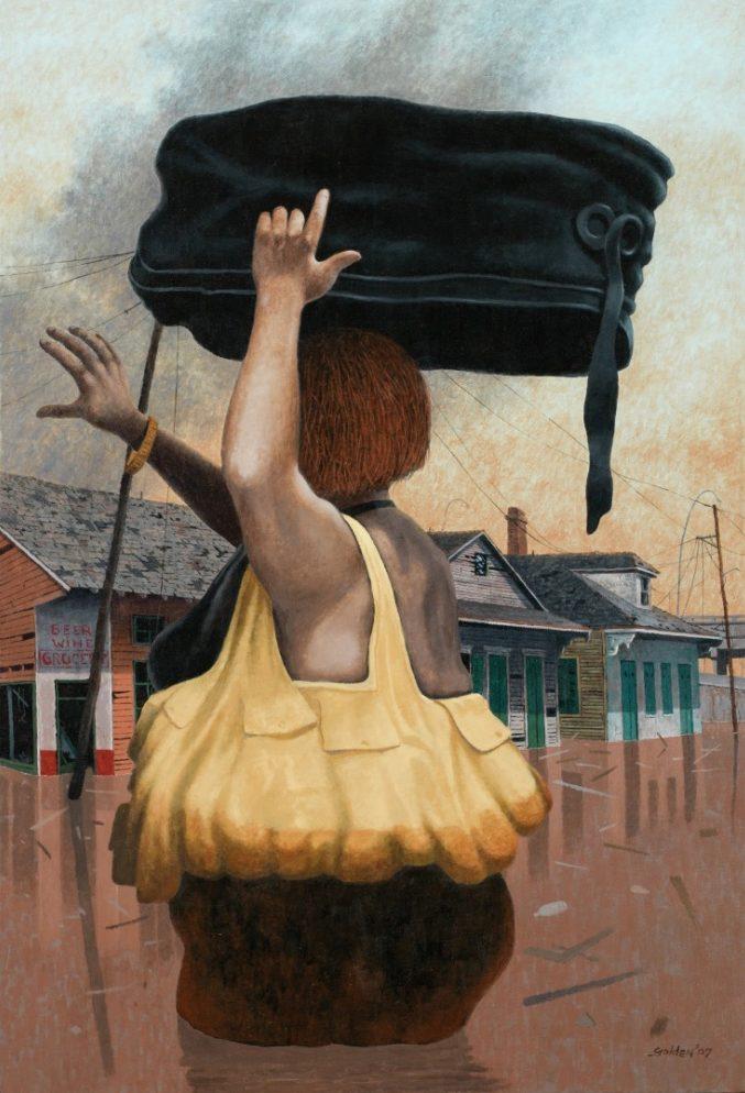 A person with short hair, wearing a yellow dress, wades through floodwaters while balancing a dark suitcase on their head. The background shows partially submerged houses and utility poles under a cloudy sky.