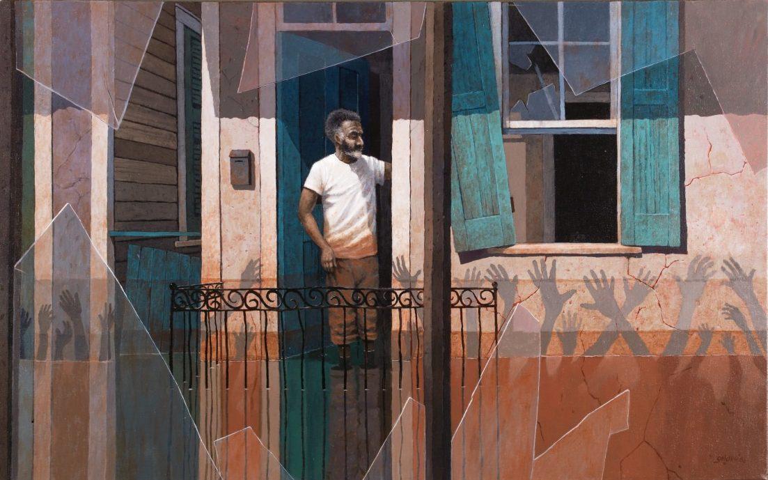 A man stands in a doorway of an old building with teal shutters. Shadows of hands reach towards him from outside, and a silhouette is visible in the window. The scene has a layered, surreal quality.