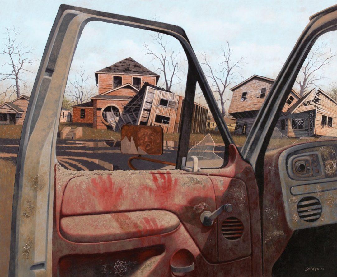 A surreal scene viewed from an open car door reveals a neighborhood of tilted, decaying houses. Bare trees and a red-stained, weathered car interior contribute to the eerie, desolate atmosphere.