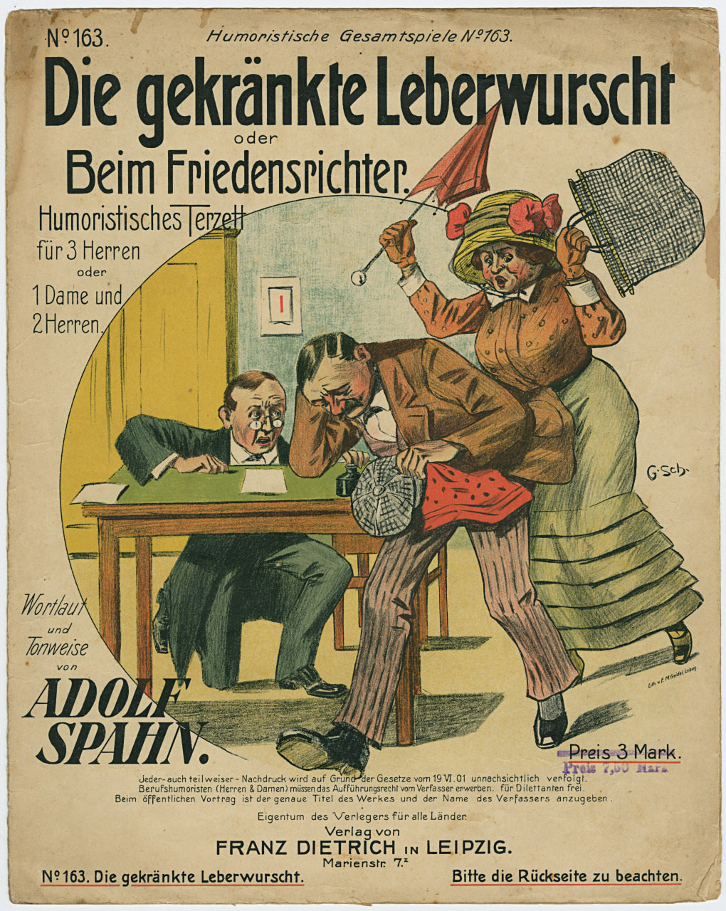 A vintage theater poster titled Die gekränkte Leberwurst depicting a woman angrily brandishing an umbrella at a man behind a desk. Another man is facepalming. The poster is in German and advertises a humorous play.