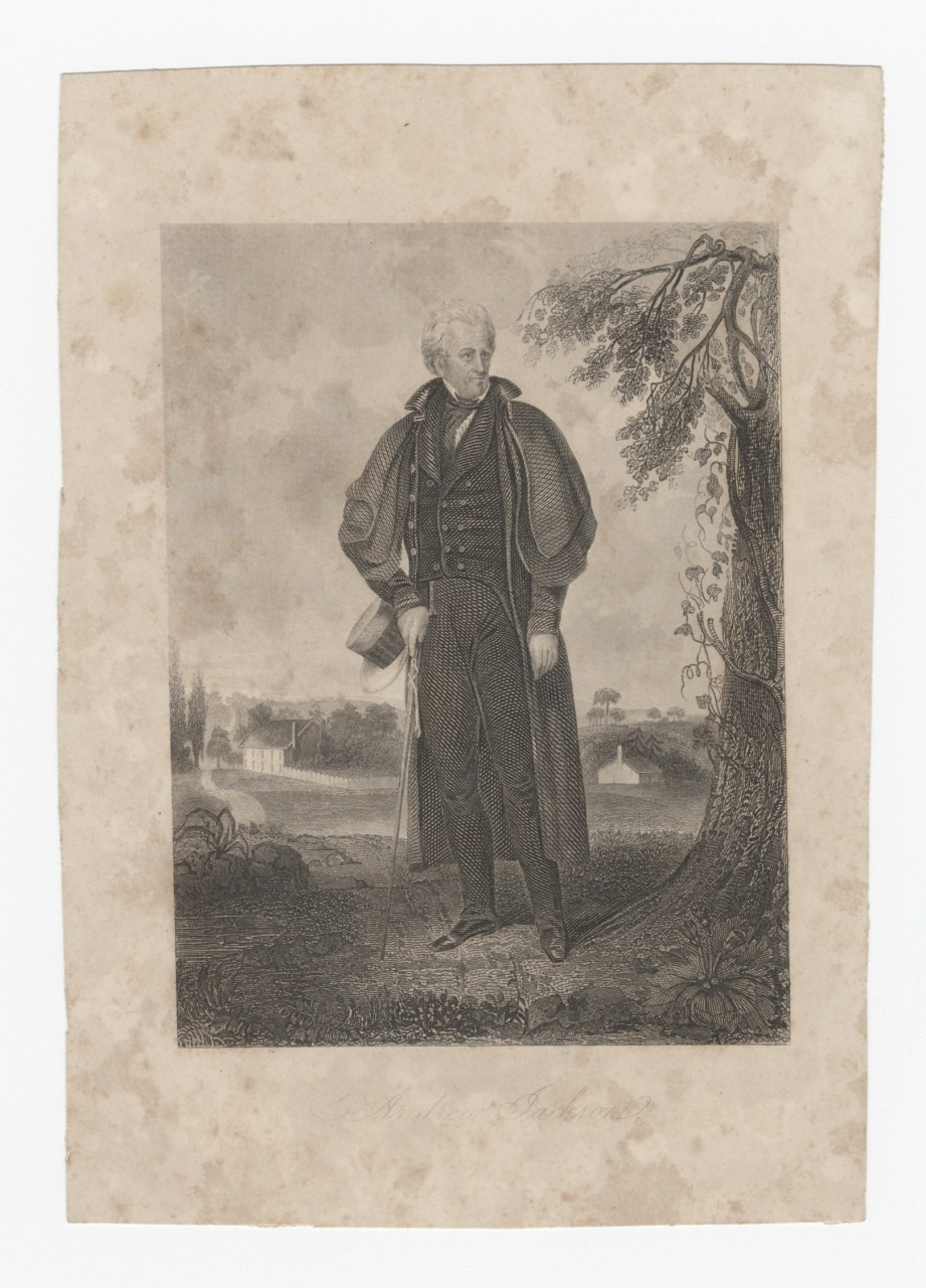 A black and white engraving of a man standing outdoors. He appears to be wearing historical attire, leaning on a cane, with one arm resting on a tree. In the background, a house and trees are visible.