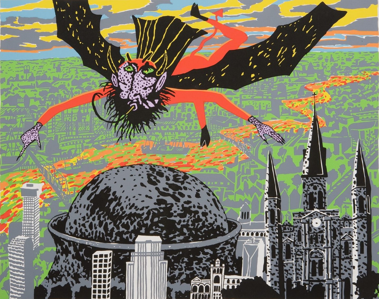Image of a fantastic creature with bat wings, a fly-like face, and pointed devil tail flying over a stylized skyline of New Orleans. Visible are the Superdome, St. Louis Cathedral, skyscrapers, the Mississippi River and bridges, and vessels on the river.