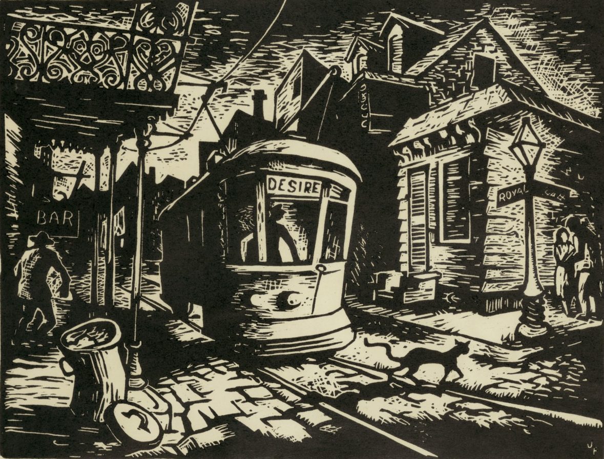 Black and white illustration of a vintage streetcar labeled DESIRE on tracks in a narrow street. It passes between old buildings, with a bar on the left and a group of people on the right. A cat crosses the tracks in front.