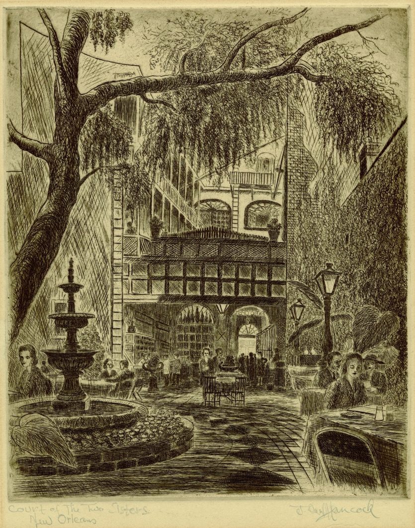 A vintage illustration of a New Orleans courtyard featuring tables, chairs, and a fountain. The scene includes people seated at tables and architectural elements like balconies and arches under tall trees. Shadows and lights create a serene atmosphere.