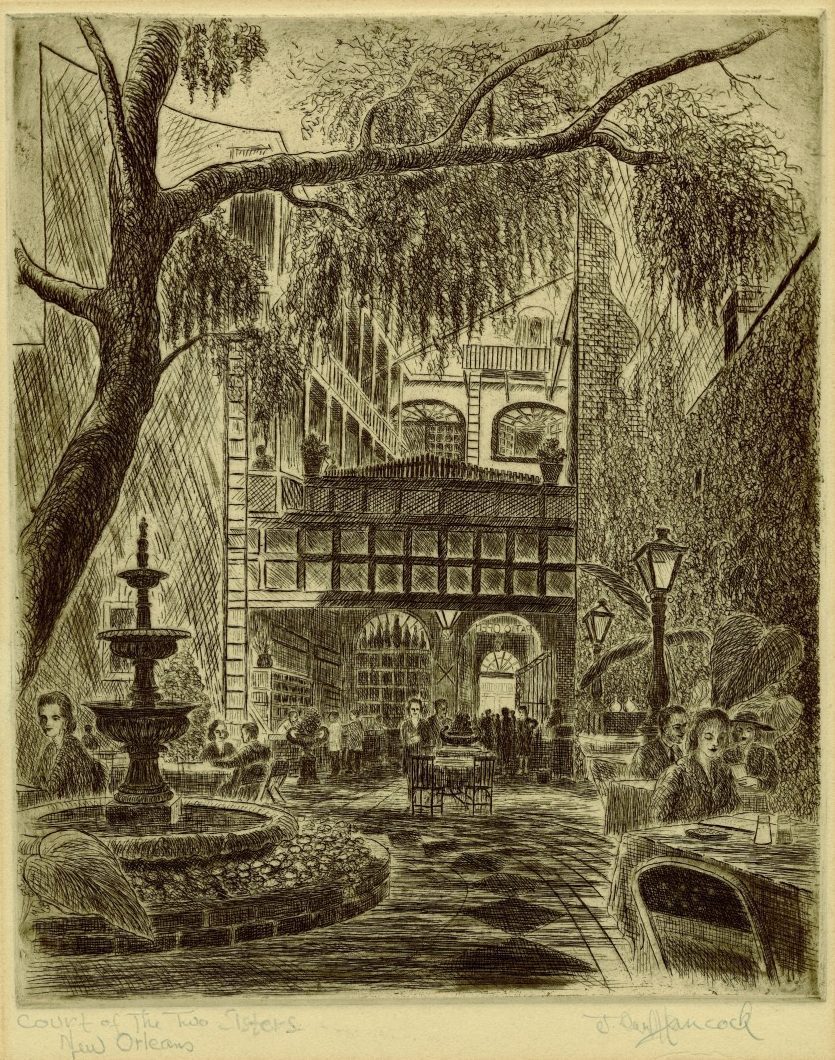 Etching of a courtyard in New Orleans by Louis Conrad Rosenberg. The scene features tables, chairs, a large tree, a fountain at the center, and buildings in the background. There are people seated and walking, adding a lively atmosphere to the setting.