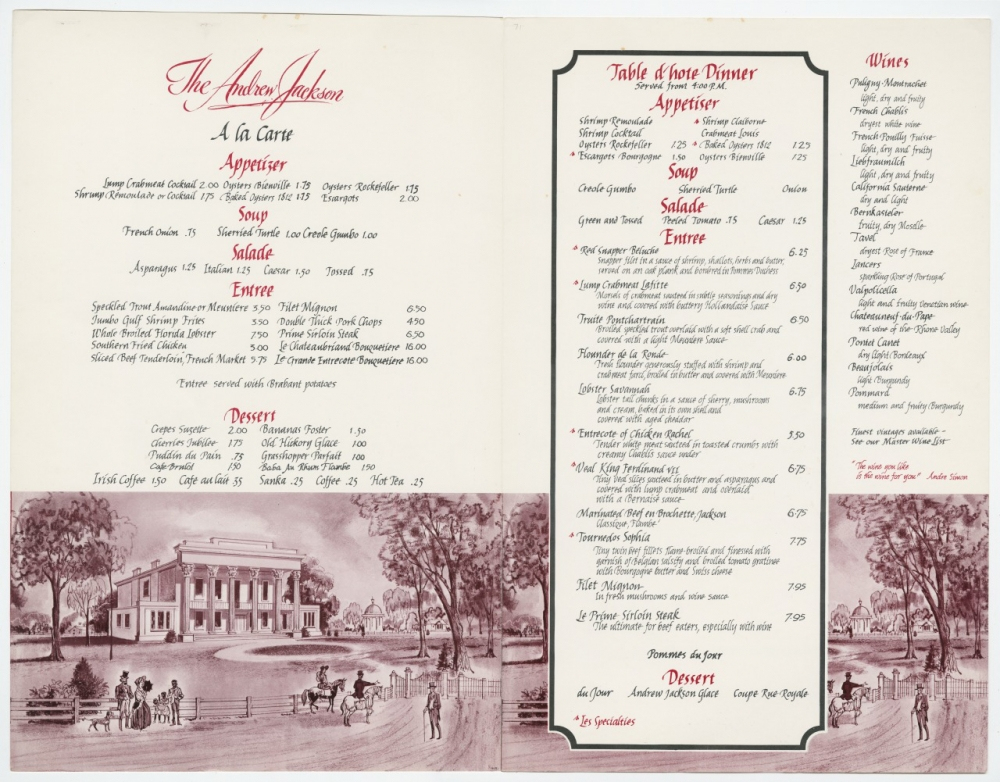 A vintage-style restaurant menu featuring appetizers, soups, salads, entrees, and desserts with prices. The background showcases a classic illustration of a grand mansion with trees and people walking. The menu includes a wine list.