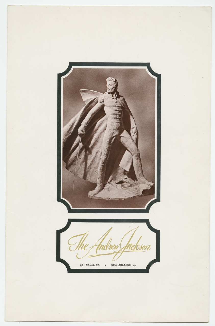 Sepia-toned image of a statue depicting a historical figure in a bold pose, wearing a flowing cape and holding a sword. The frame has decorative elements with The Andrew Jackson inscribed below along with an address in New Orleans, LA.