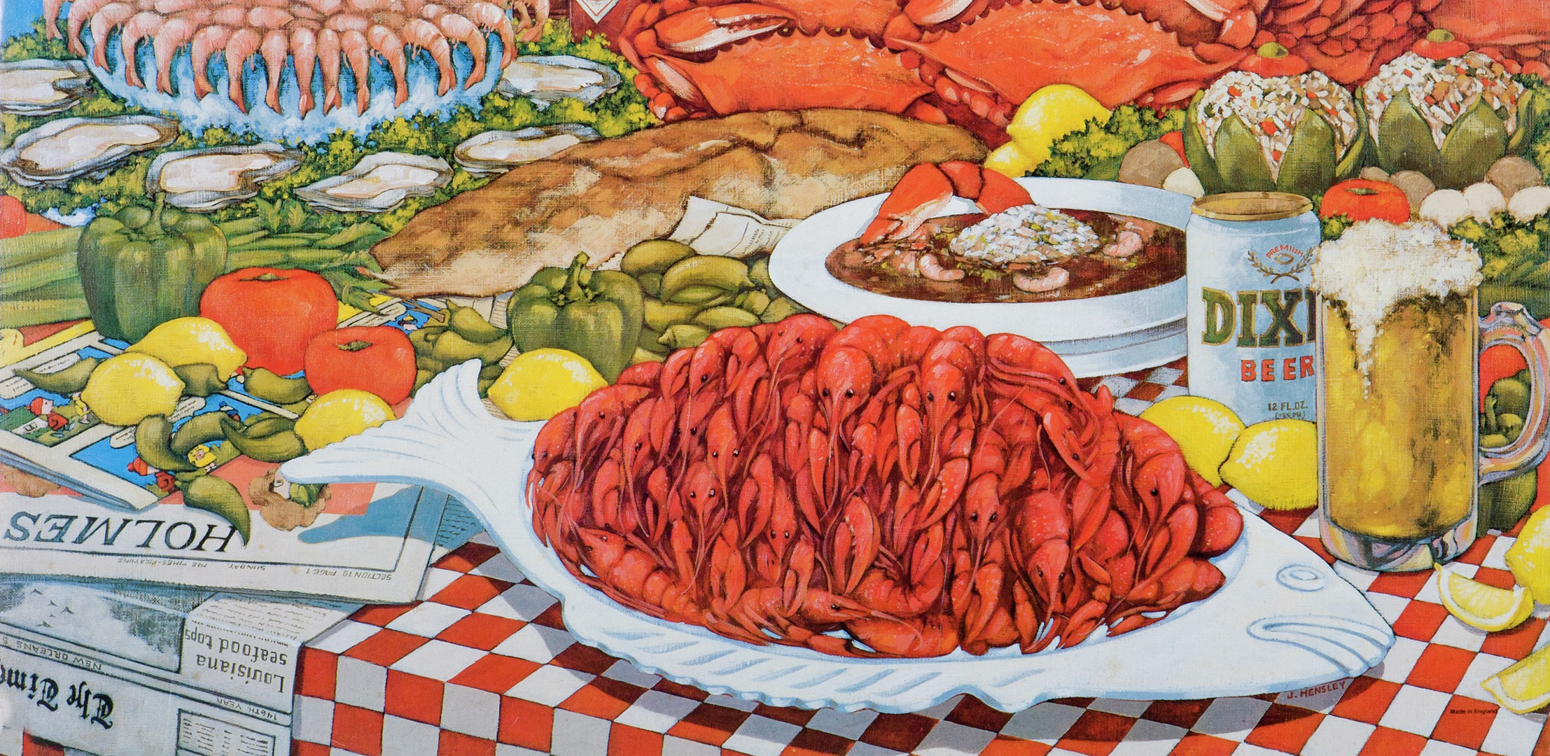 A vibrant illustration shows a bounty of crawfish, shrimp, fruits and vegetables, and beverages on a checkered red and white table cloth.
