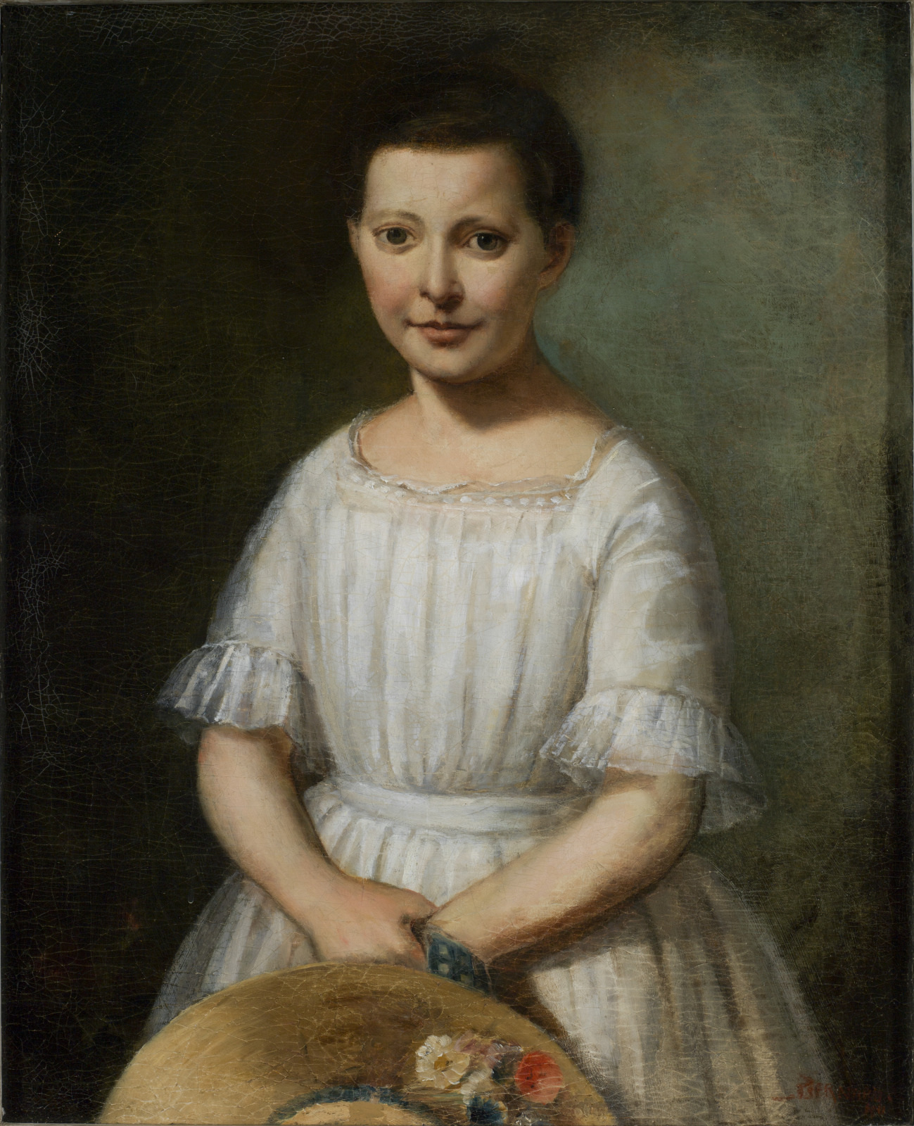 Portrait of a woman in a white dress with lace sleeves, holding a straw hat adorned with red, white, and blue flowers. The background is a muted dark green, giving the painting an elegant and classical feel.