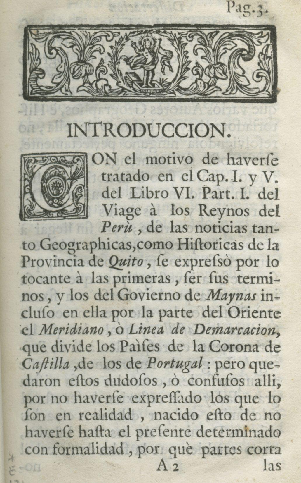 A scanned page from an old Spanish book, featuring ornate floral designs, a decorative header with a central figure, and printed text beginning with INTRODUCCION. The page is numbered Pag. 3.