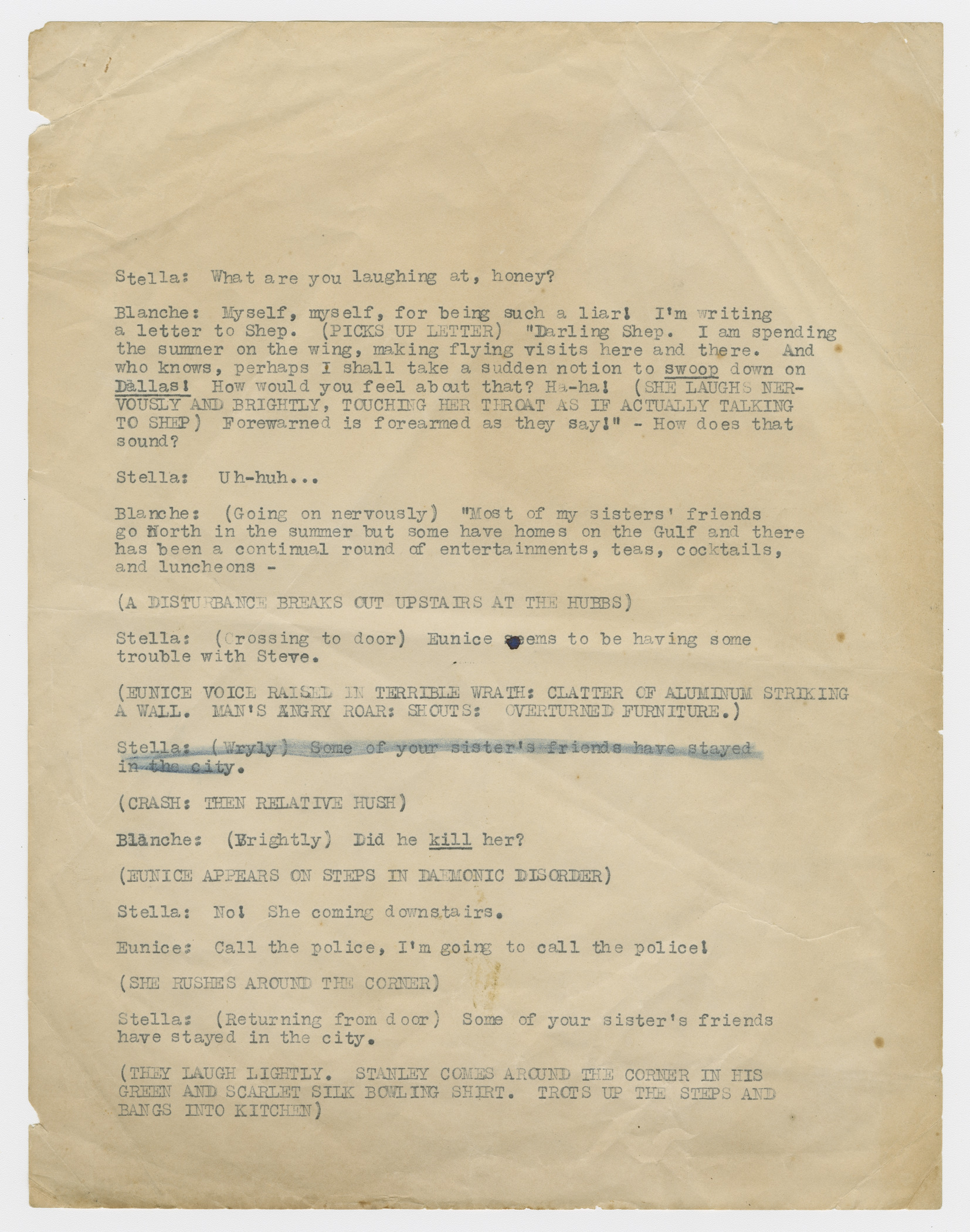 A photo of a yellowed page from early "Streetcar" manuscript, 1947.