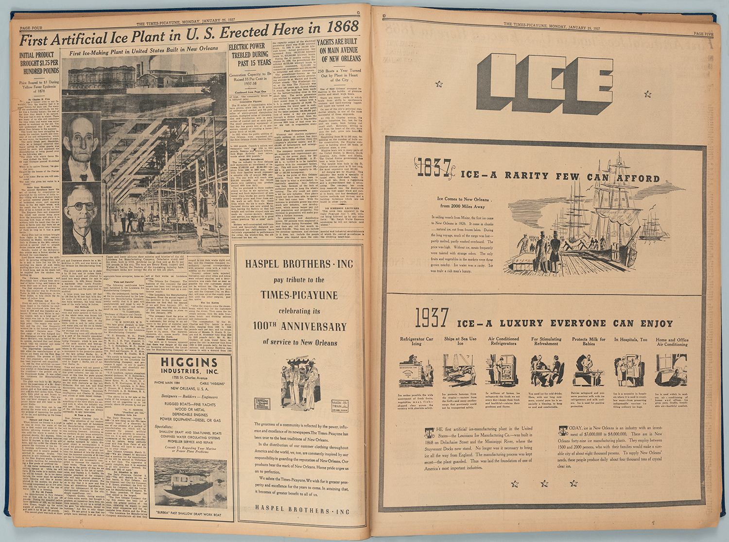 A 1937 Times-Picayune centennial-edition spread commemorating New Orleans ice history. The headline reads: "First artificial ice plant in U.S. erected here in 1868."