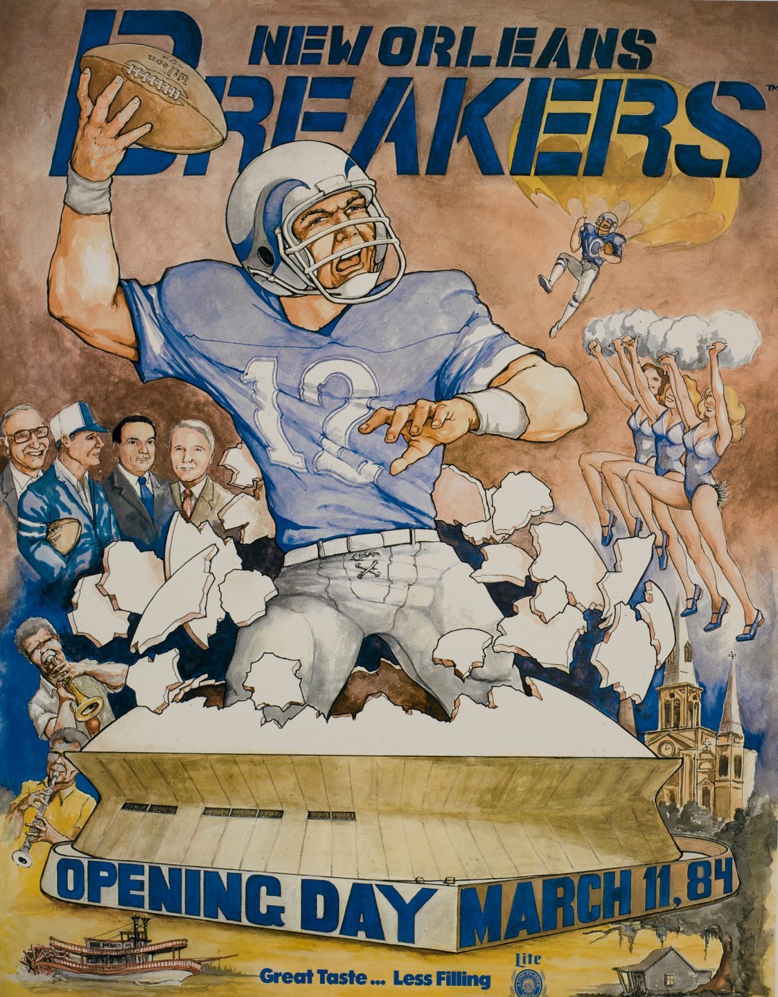 A vintage poster for the New Orleans Breakers opening day on March 11, 1984. It features a football player breaking through paper, cheerleaders, and a crowd. The text Great Taste... Less Filling is highlighted below.