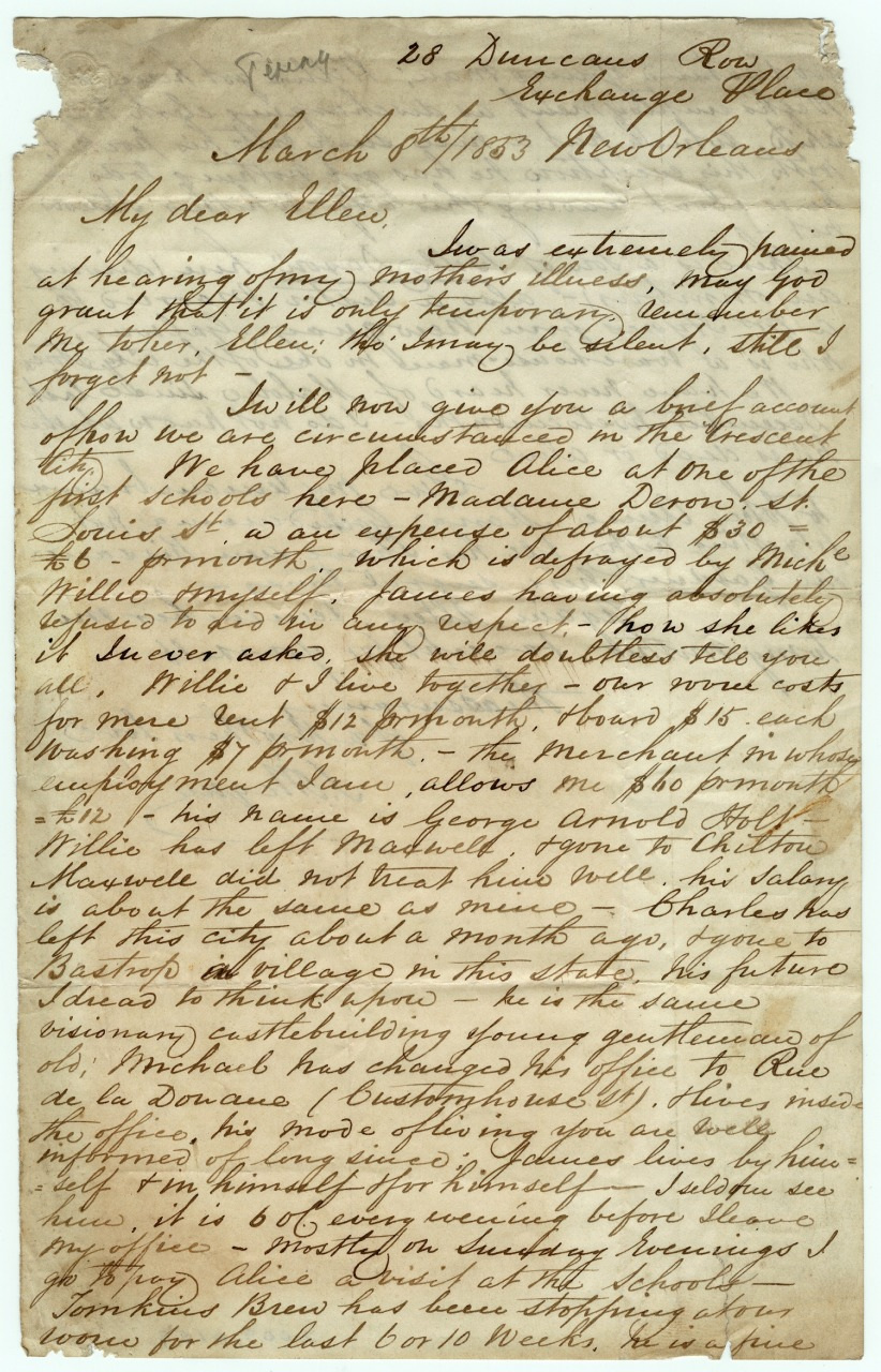 An aged handwritten letter on parchment paper, dated March 26, 1863, from New Orleans. The letter is addressed to someone named Ellen, discussing personal matters and concerns with a cursive script that is slightly faded and difficult to read.