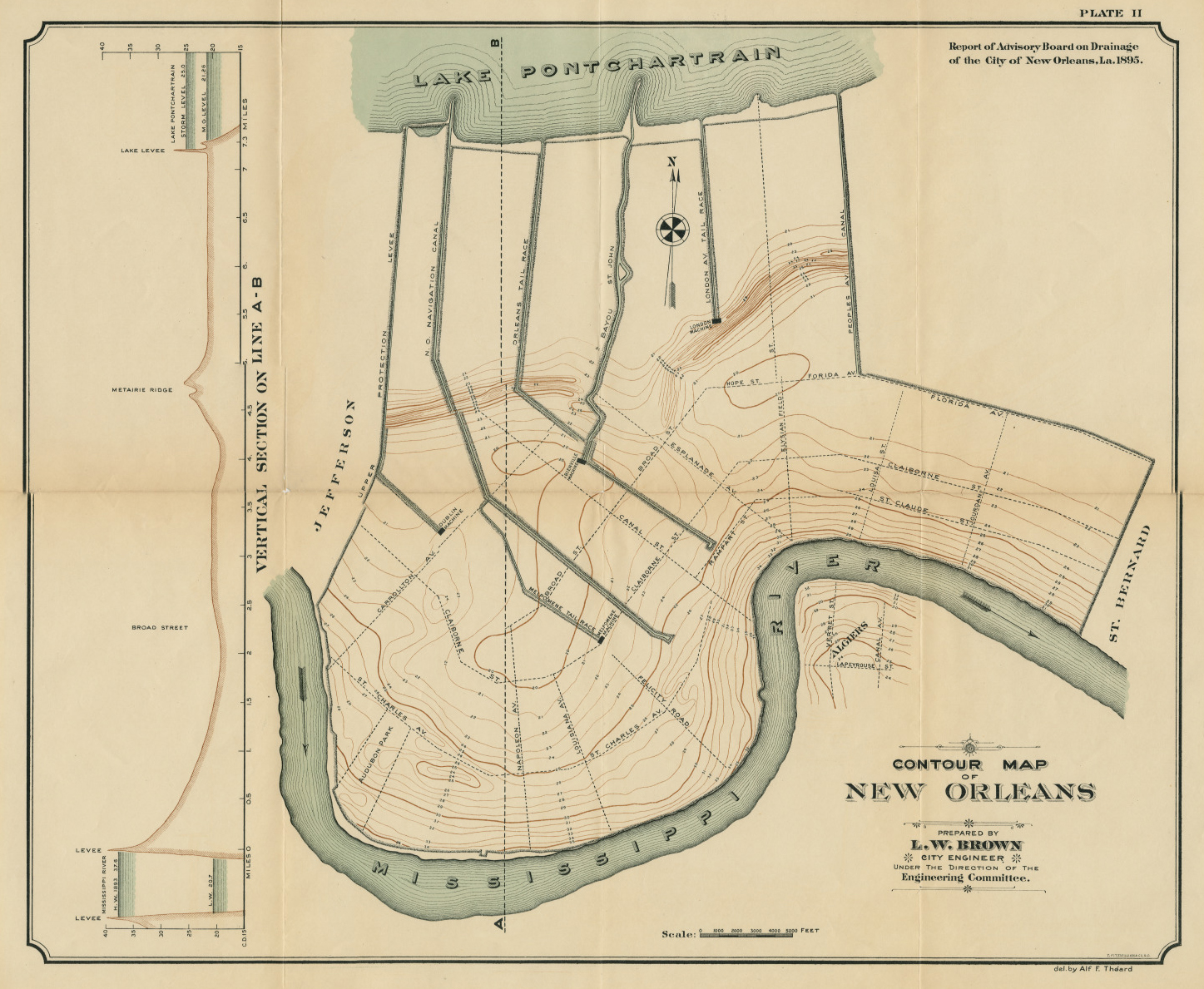 Contour map of New Orleans from 1895