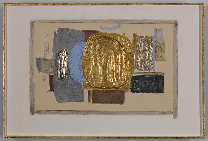Abstract painting with textured geometric shapes in gold, blue, gray, and brown tones on a beige background. The composition features a prominent gold circular form in the center, surrounded by various overlapping rectangular and oval shapes.