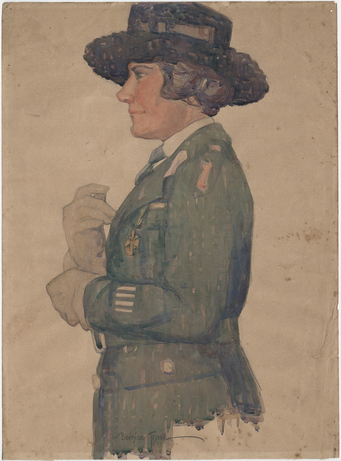 A vintage illustration of a woman in military uniform, featuring a side profile. She wears a hat and gloves, with medals on her chest and stripes on her sleeves, set against a plain background. The style is reminiscent of early 20th-century art.