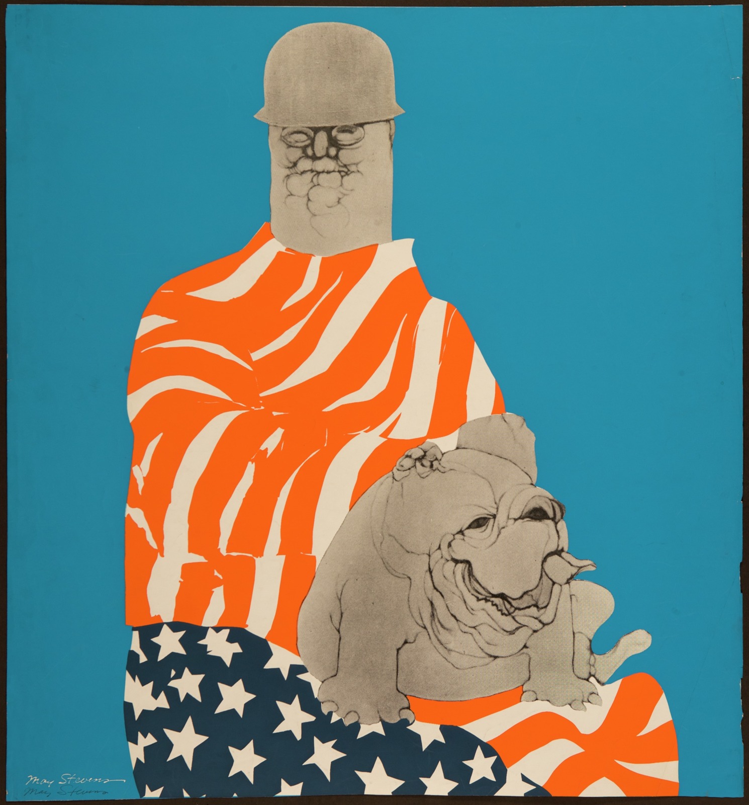 Artwork depicting a man draped in an American flag with a bulldog by artist May Stevens.