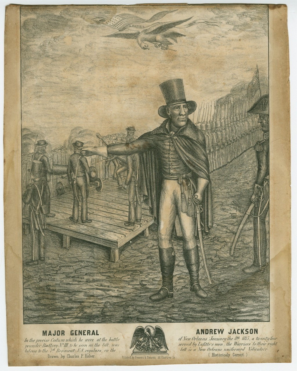A vintage illustration of Major General Andrew Jackson, dressed in military attire with a tall hat, stands on a wooden platform pointing forward. Soldiers with weapons stand nearby, and an eagle flies overhead. The scene is solemn and historical.