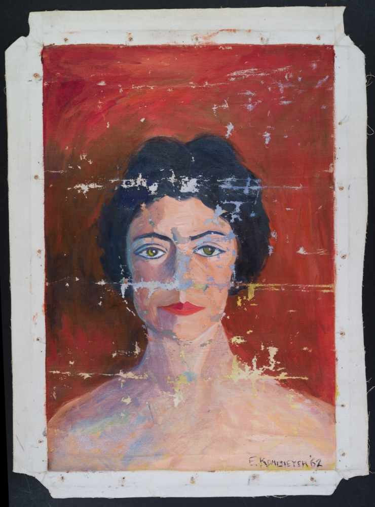 A weathered painting of a person with dark hair against a red background, signed E. Kadisheva 62. The artwork shows signs of wear, with visible scuffs and scratches on the surface.