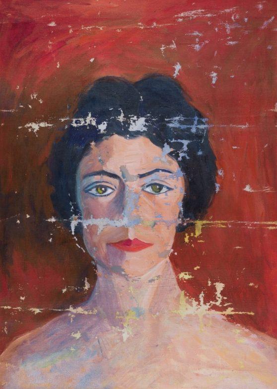 A painting of a woman with short black hair, bright green eyes, and red lips against a textured, reddish-brown background. The surface is worn and scratched, giving it a weathered appearance.