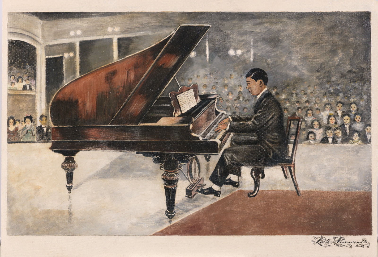 A pianist in a suit plays a grand piano on stage in front of an audience. The audience appears attentive. The painting captures the elegance and focus of the performance scene.