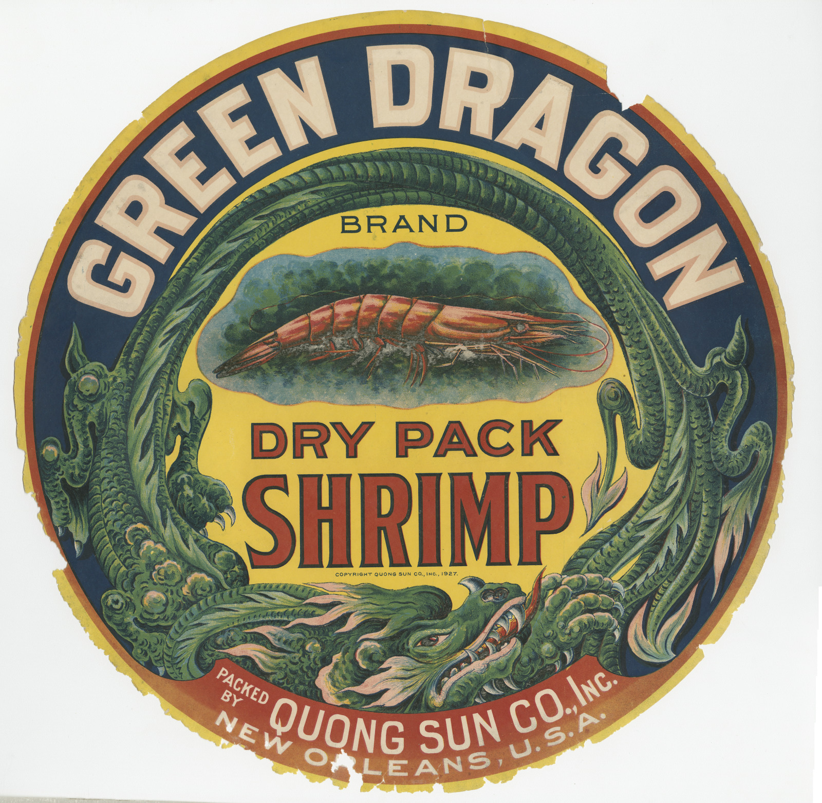 Vintage label for Green Dragon brand dry pack shrimp, featuring an artistic depiction of a dragon encircling a shrimp. The label indicates it is packed by Quong Sun Co., Inc., New Orleans, USA.