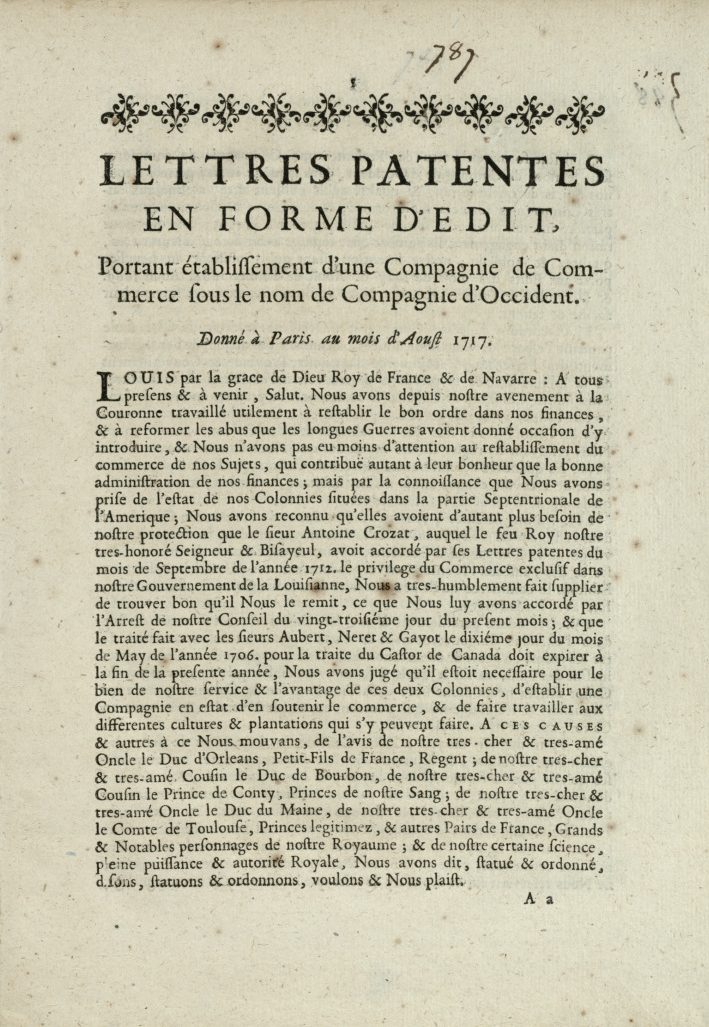 Photo of an edict from 1717 establishing the Company of the West.