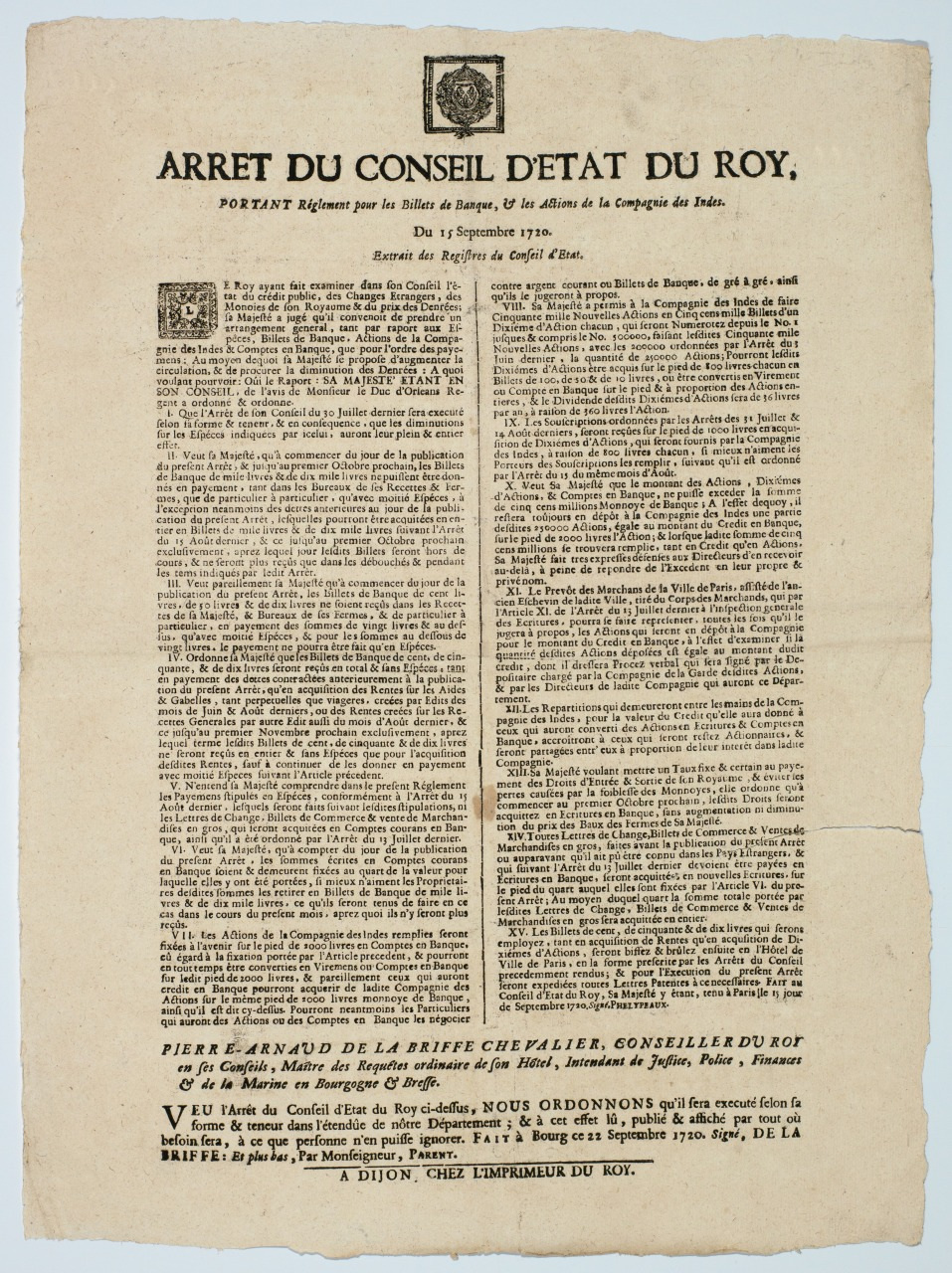 An 18th-century French royal decree titled Arret du Conseil DEtat du Roy, dated September 3, 1770. The text details regulations on trade, specifically dyes and indigo. The document is printed in an old script on aged paper.