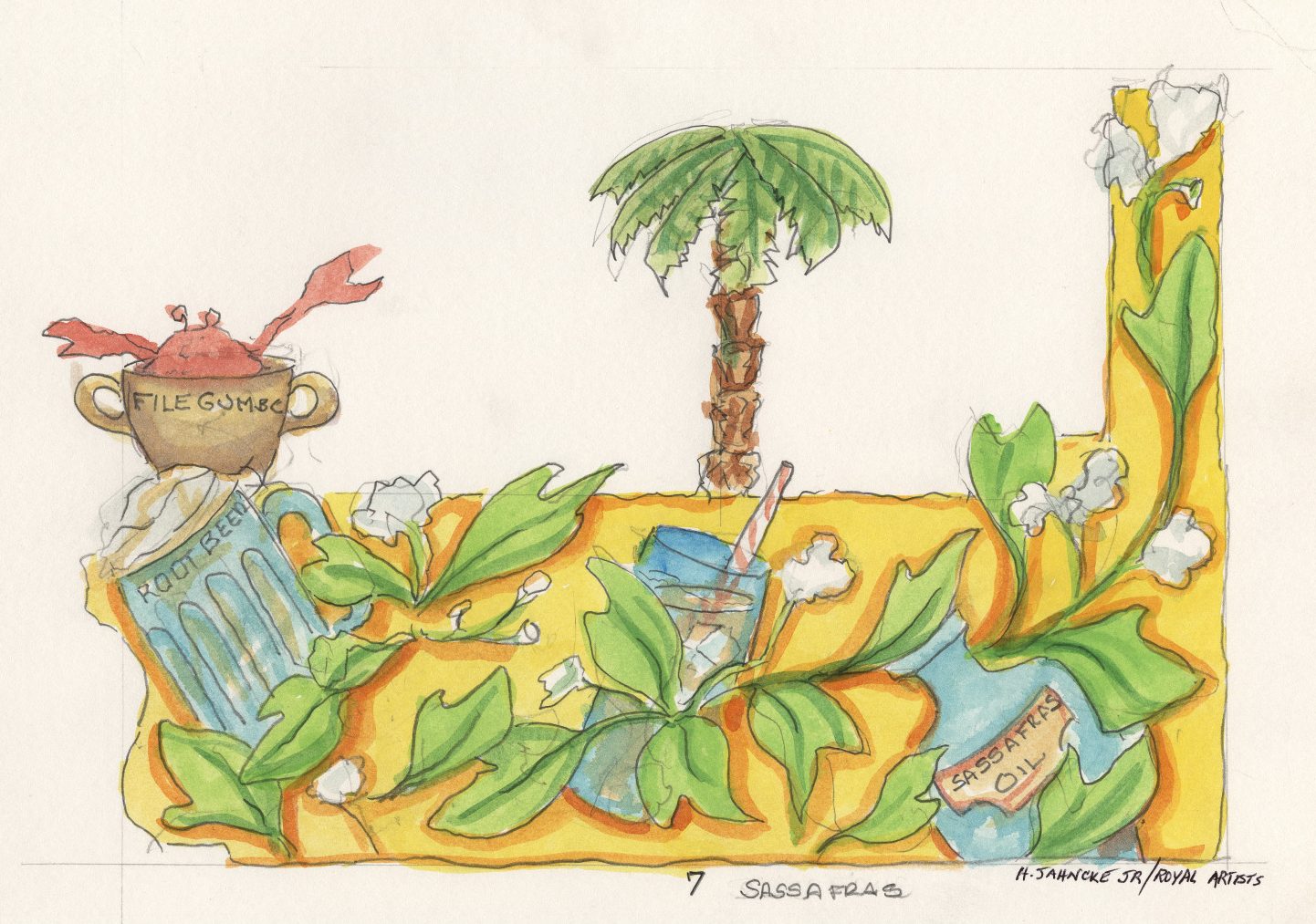 Individual watercolor float design from the Krewe of Proteus parade in 2002, the theme of which was "Bayou Flora and Fauna." The design features a yellow float with a crab in a pot marked "File Gumbo" on the front, above a mug of root beer. Behind, is a glass of ice tea, a palm tree, and a jar of sassafras oil. A vine of sassafras leaves and flowers runs across the float.