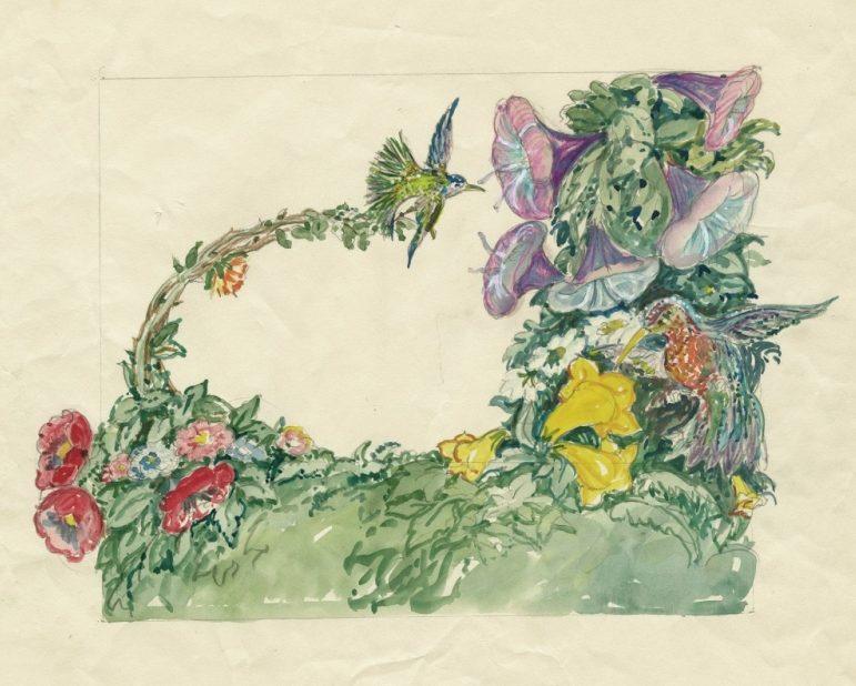 A watercolor illustration featuring two hummingbirds hovering around vibrant flowers with lush green foliage. The scene includes red, pink, and yellow blooms entwined with ivy-like plants on a light background.