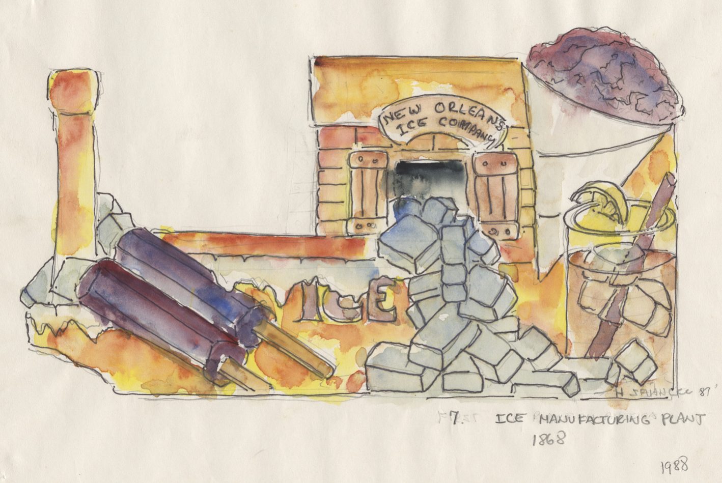 A color illustration of a 1988 float design from the Krewe of Proteus celebrating New Orleans’s first in ice manufacturing.