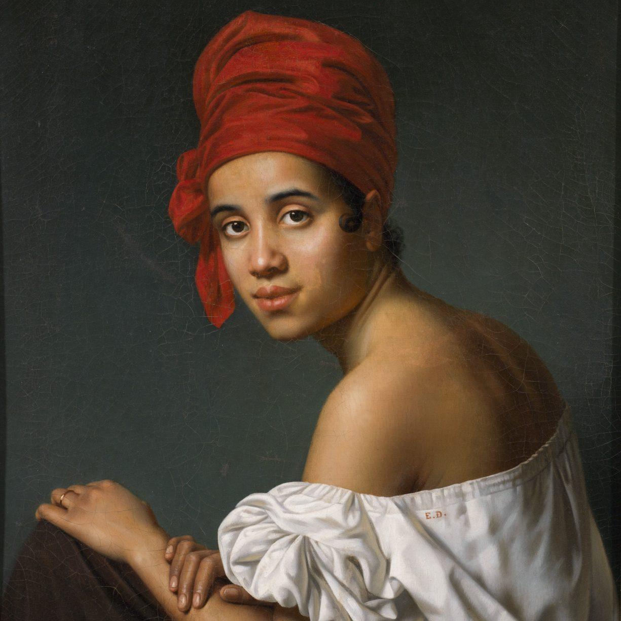 A painting of a woman with a red headscarf and bare shoulders against a dark background. She is wearing a white garment and seated with one hand resting on her knee, looking directly at the viewer.